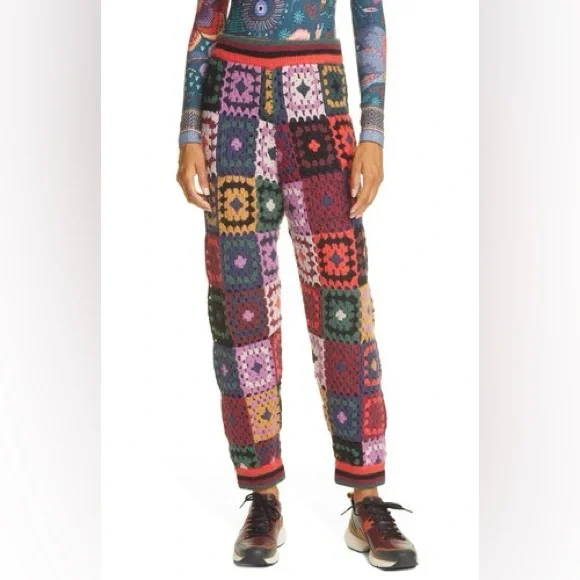 NWT FARM RIO Mosaic crochet granny square Colorful Patchwork Knit Pants medium